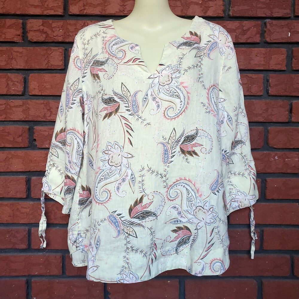 J Jill Love Linen 3/4 Sleeve Top Sz S Pale Yellow Zest Floral Paisley Coastal